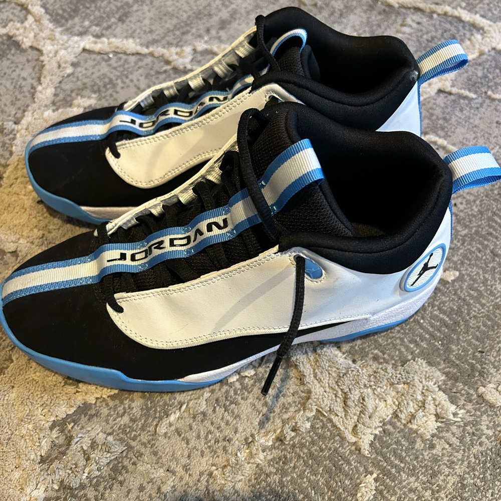 Jordan Men's Black and White Sneakers with Blue Accents